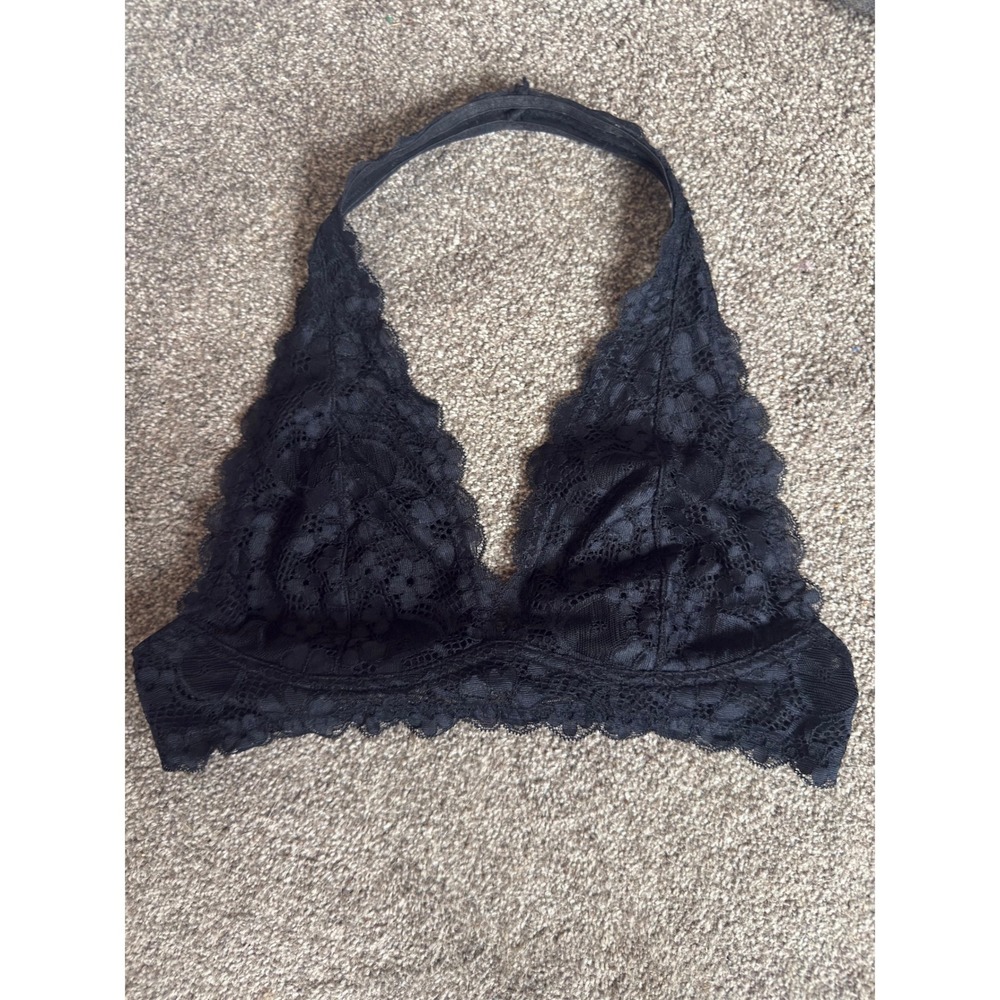 Intimately Free People Black Floral Lace Halter Bralette Small Boho Scalloped